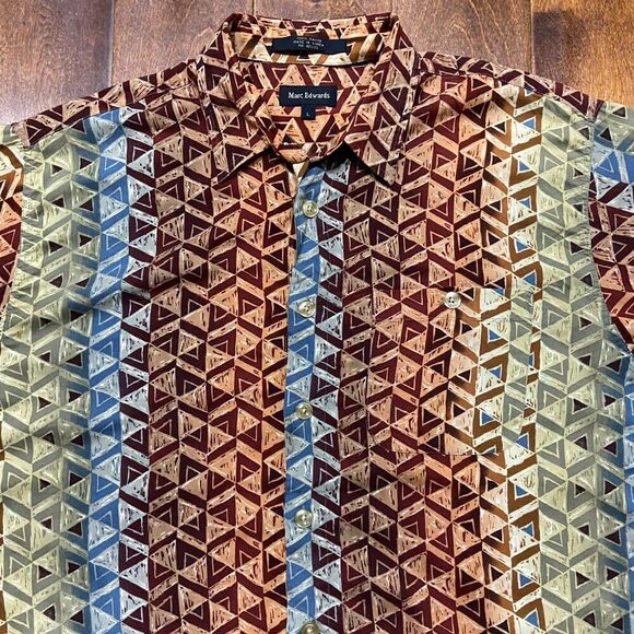 Marc Edwards Vintage Geometric Multicolored Button Front Rayon Shirt Men's Large - Picture 2 of 8